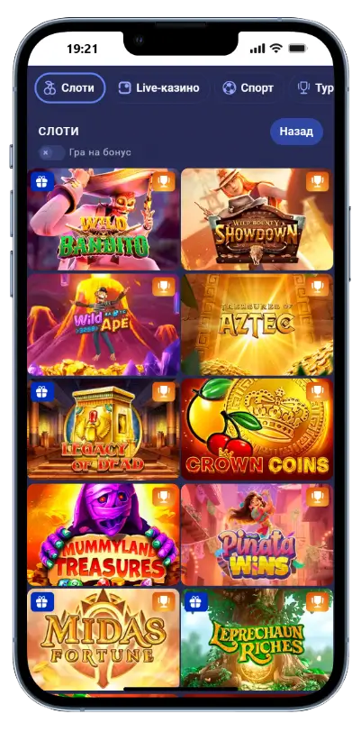Мобільна версія Legzo Casino з каталогом слотів: Wild Bandito, Aztec, Crown Coins, Mummyland Treasures та інші ігри на екрані смартфона